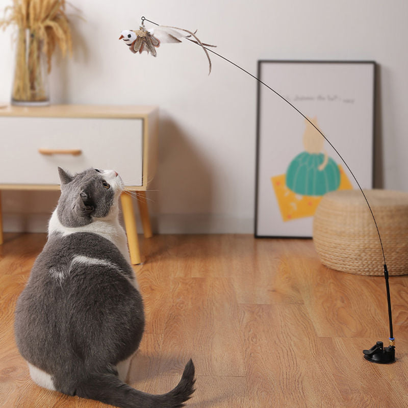 Baguette longue en fil d'acier avec plume pour chat amusant