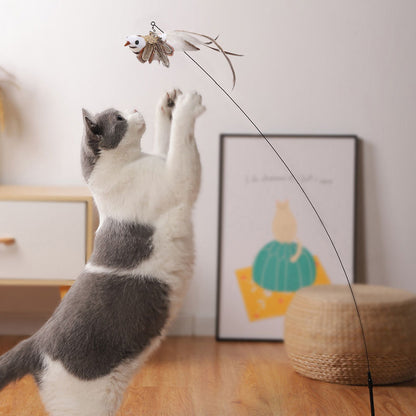 Baguette longue en fil d'acier avec plume pour chat amusant
